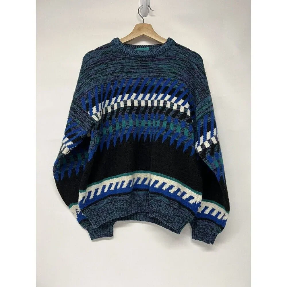 Bandit Urban XL Vintage Sweater Blue White Geometric 90’s Y2K